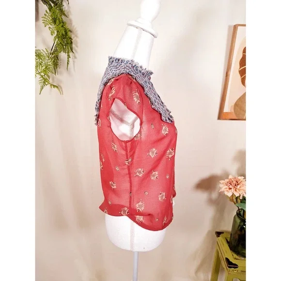 Free People Women's Flutter Sleeve Floral Blouse Medium Red - Picture 6 of 9